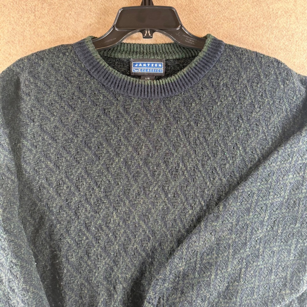 Vintage 90s Jantzen Sweater Mens L Green Blue Geometric‎ Knit Pullover Retro Y2K
